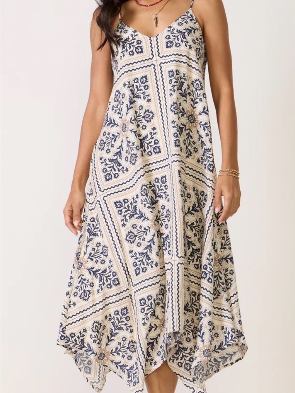 Evereve Navy and Cream Printed Spaghetti-Strap Midi Dress